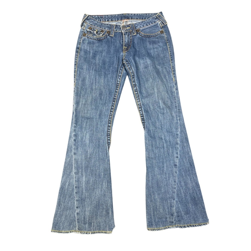 True Religion Womans Joey Big T Jeans 32/M Blue Denim Flare Leg World Tour USA